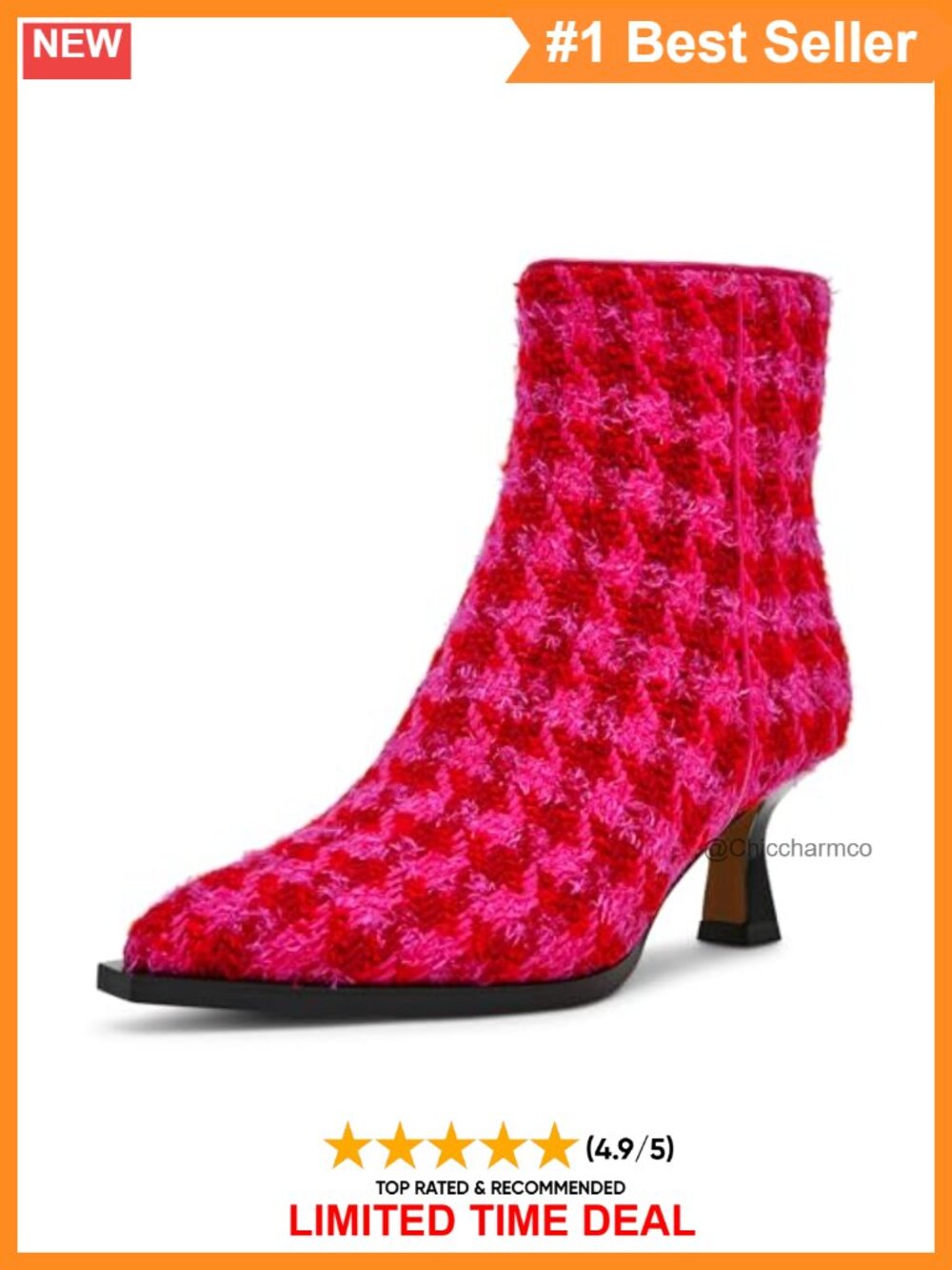 Pointed Toe Kitten Heel Ankle Bootie Houndstooth Synthetic